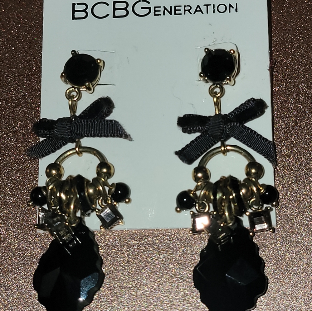 BCBGeneration Jet Black and Gold with cute little Bow Dangle Earrings